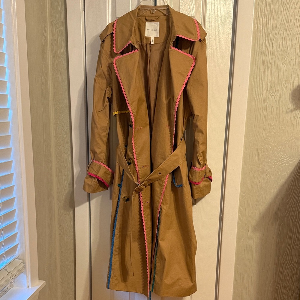 Avec Les Filles Tan Trench Coat Multi Color Trim